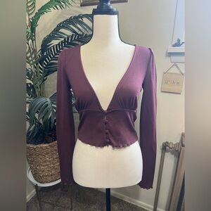 Urban Outfitters maroon ribbed blouse with button detail and puff sleeves (s)